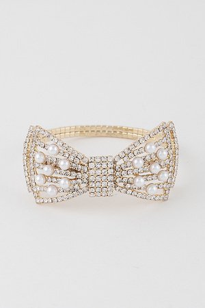 Multi Jewel Pearl Ribbon Cuff Bracelet