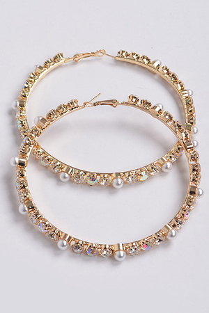 Upside Down Rhinestone Pearl beads Hoop Earring.