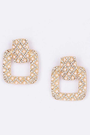 Rectangle Link Faux Pearl Rhinestone Dangle Earrings