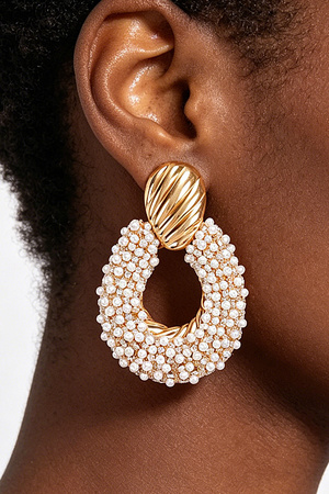 Pearl & Rhinestone Embellished Oval Drop Earrings