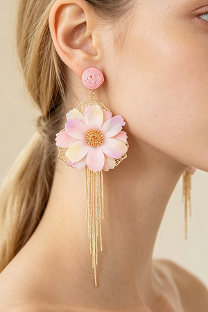 Fabric Flower Tassel Drop Earrings