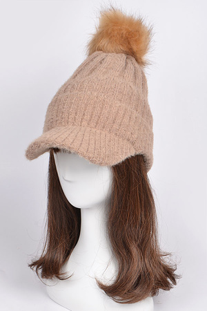 Knit Cap With Puff Ball