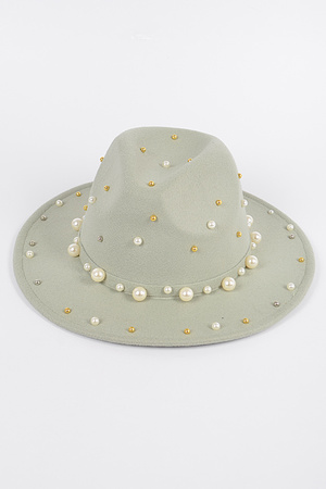 Fedora Hat W/Pearls and Metal.