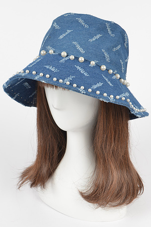 Denim Bucket Hat W/Imitation Pearl