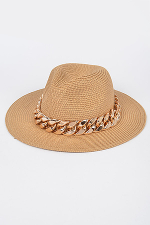 Faux Straw Fedora Hat W/Oversized Chain.