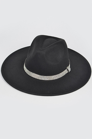 Faux Wool Rhinestone Trimed Fedora Hat.