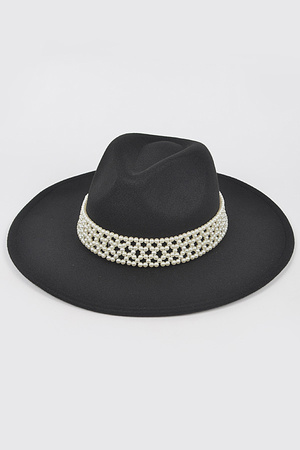 Faux Wool Fedora Hat W/Pearl Band