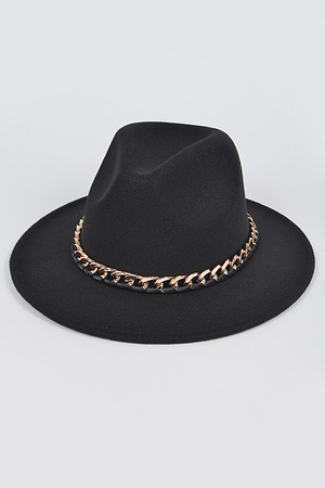 Faux Wool Fedora Hat W/Chain.
