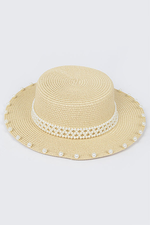 Handmade Faux Straw Hat W/Pearls