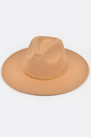 Faux Wool Wide Brim Fedora Hat W/Metal Chain