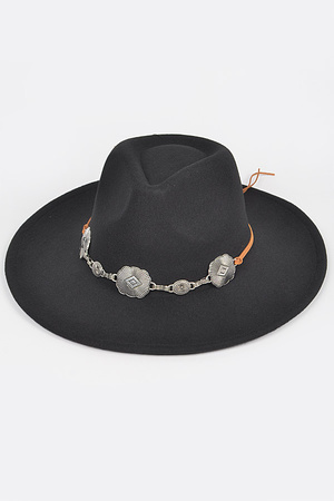 Faux Wool Fedora Hat W/Embelished Strap