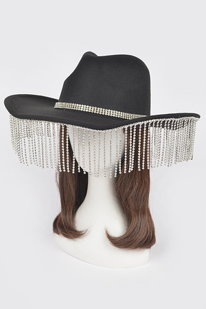 Faux Wool Rhinestone Fringe Cowboy Hat