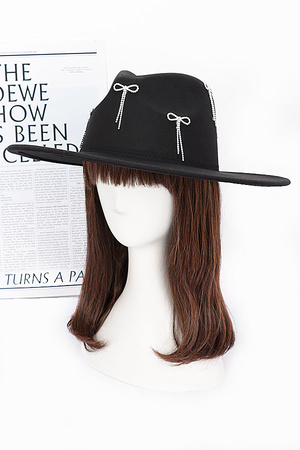Faux Wool Rhinestone Ribbon Hat