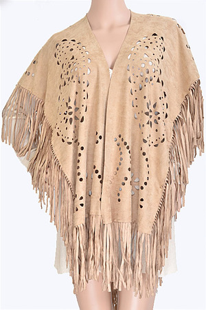 Cut Out Pattern Scarf with Fringe Detail
