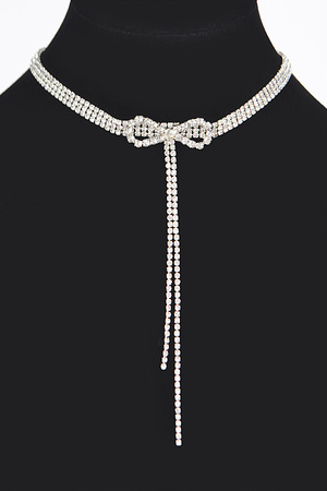Rhinestone Bow String Choker Necklace