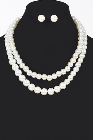 Faux Pearl Double Layered Necklace W/Earring