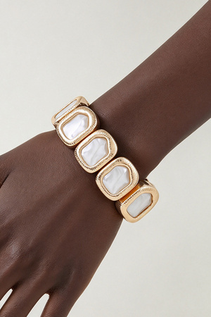 Rectangular Faux Pearl & Brooch Gold Stretch Cuff Bracelet