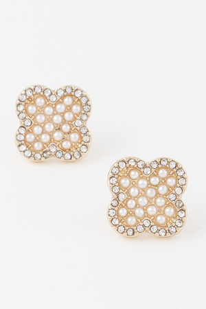 Jeweled Pearl Clover Stud Earrings