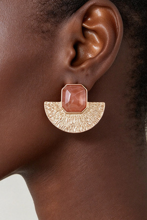 Textured Gold Fan & Brown Resin Stone Stud Earrings