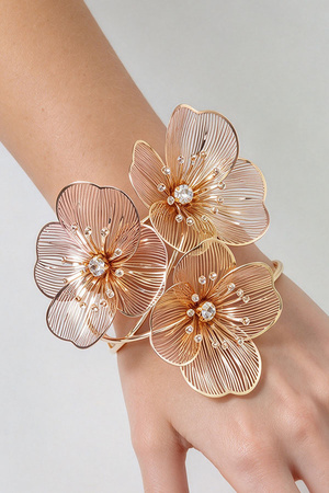 Elegant Line Mesh Floral cluster open cuff bracelet