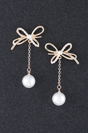 Pearl Link Chain Drop Ribbon Stud Earrings
