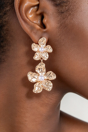 Hammered Gold Tone Floral Pearl Statement Earrings