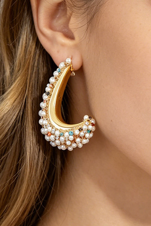 Pearl Beaded Open Hoop Earrings