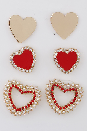 Jeweled Heart Stud Earrings Set