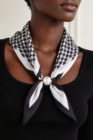 Classic Houndstooth Printed Satin Neck Scarf With Pearl Slide