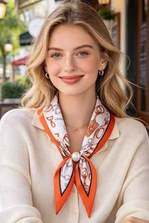 Equestrian Chain Print Satin Scarf With Faux Pearl Slider Ring