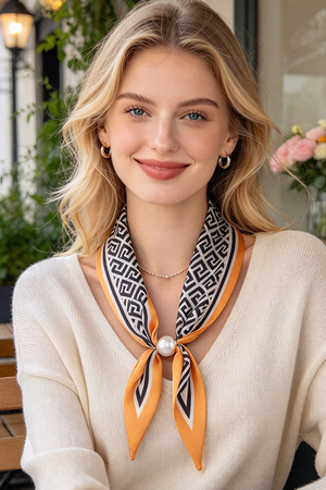 Pearl Accordion Slide Geometric Print Scarf Necklace