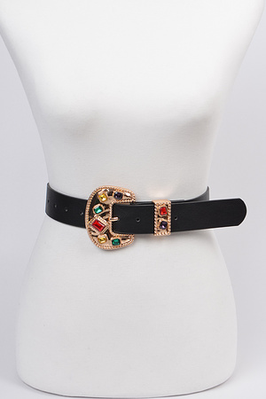 Jeweled Buckle Faux Leather Belt.