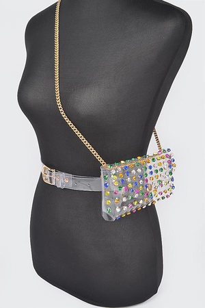 Rhinestone Clear Plus Size Belt Bag W/Chain