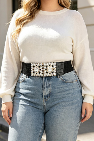 Rhinestone Buckle Croc Embossed Stretch Waist Belt