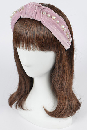 Velvet Knotted Headband W/Faux Pearl and Metal