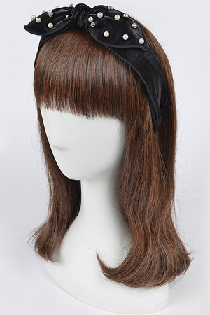 Micro Suede Ribbon Knotted Headband W/Faux Pearl and Metal