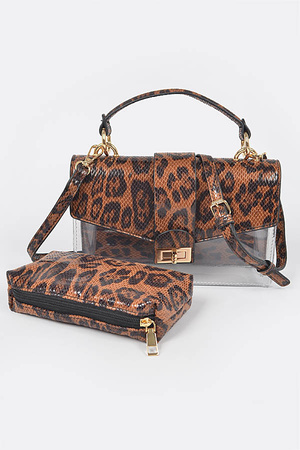 Leopard Faux Leather Clear Crossbody Bag W Mini Purse.