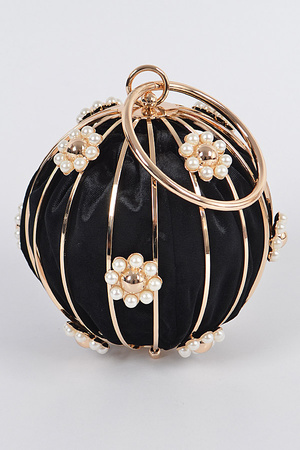 Round Cage Metal Bag W/Pearl Flower