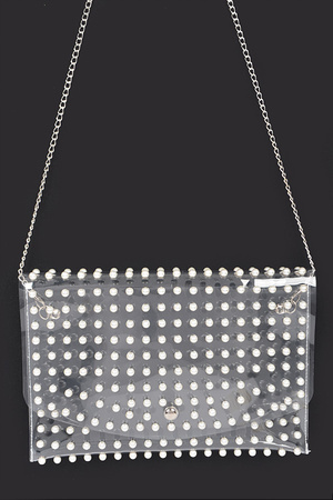 Faux Pearl Studded Transparent Envelope Clutch