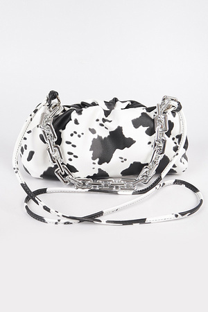 Faux Leather Cow Print Clutch W/Link Chain.