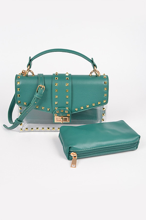 Faux Leather Studded Clear Bag W/Purse.