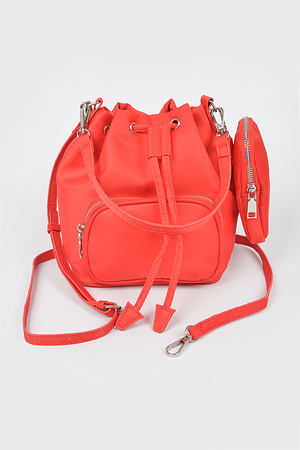 Nylon Zip Pocket Front Bucket Bag W/Mini Purse