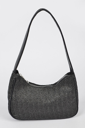 Faux Straw Zip Shoulder Bag
