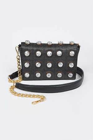 Linen Crossbody Bag W/Big Rhinestone