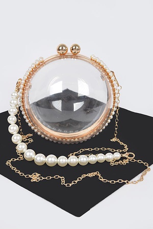 Faux Pearl Trimed Transparent Clutch W/Pearl Handle