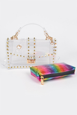 Studded Transparent Crossbody Bag W/Multi Color Pouch