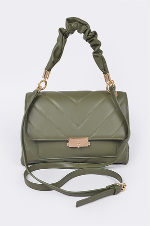 Quilted Faux Leather Top Handle Bag W/Chain