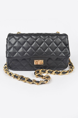 Quilted Faux Leather Shoulder Bag W/Oversized Chain
