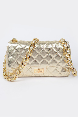 Quilted Metallic Shoulder Bag W/Oversized Chain