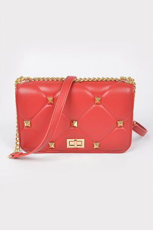 Quilted Flap Crossbody Bag W/Oversized Studs